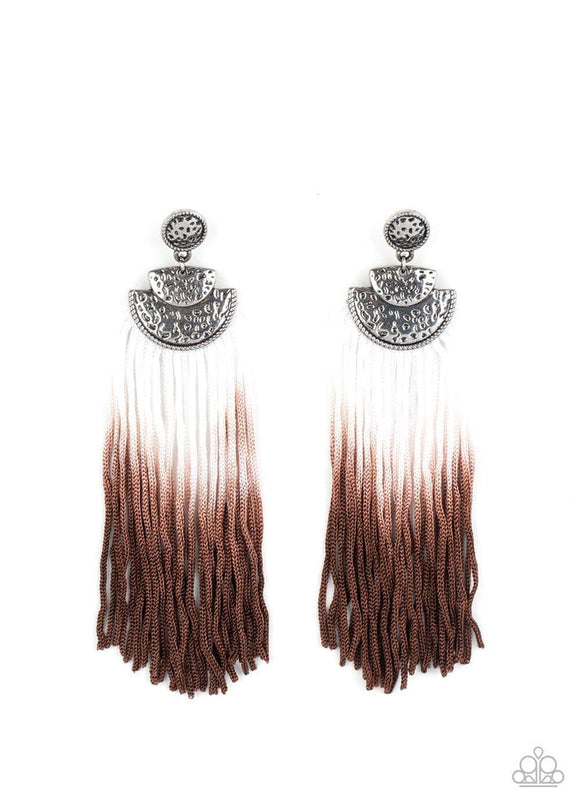 Dip It Up - Brown Shiny Cording Fringe Post Earrings