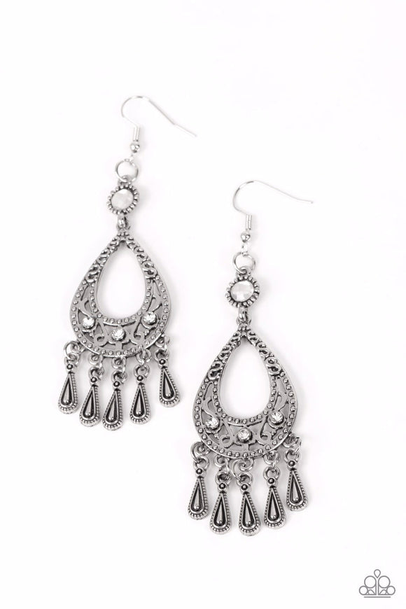 Viva La Diva - White Rhinestones Silver Teardrop Frame Fishhook Earrings