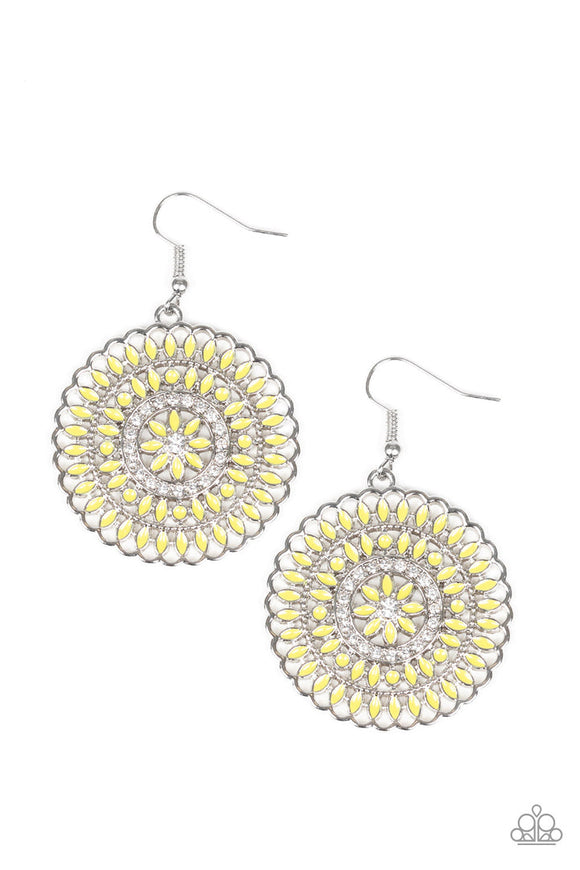 Pinwheel and Deal - Yellow Pedals White Rhinestones Fishhook Earrings