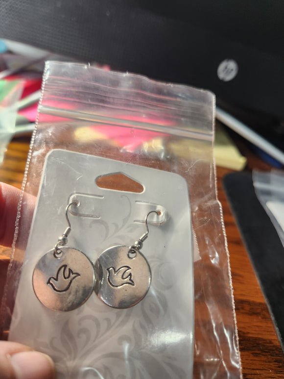 Handmade Dove - Silver Discs with Dove engraved Fishhook Earrings