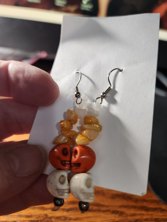 Handmade Skulls - Multi Orange/Yellow - Red/Pink Skulls and Pebbles Fishhook Earrings