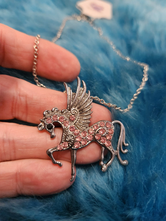 Pegasus Horse - Pink Rhinestones on a Silver Horse Frame Short Necklace