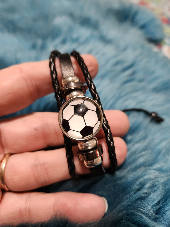 Soccer - Black Leather Cording Soccer Ball on Top Urban Pull Tie Bracelet