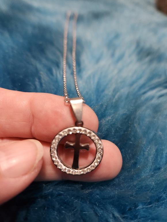 Cross - Silver Round Pendant with Silver Cross Inside Inspirational Short Necklace