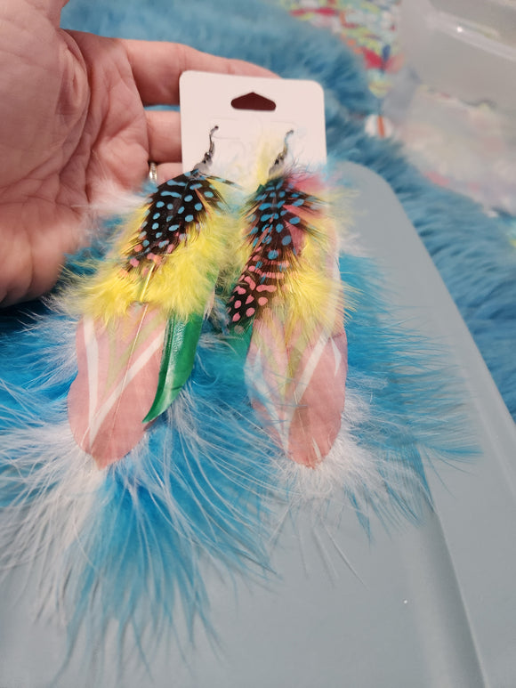 Handmade Earrings - Multi Blue/Yellow/Green Feathered Fishhook Earrings