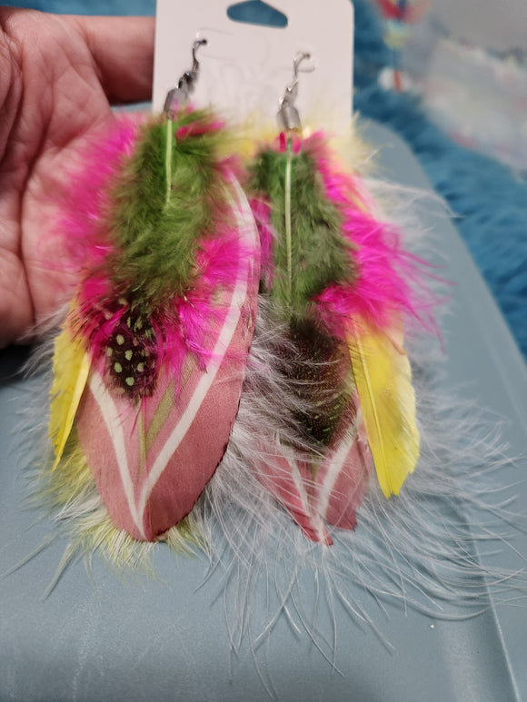 Handmade Earrings - Multi Yellow/Pink/Green Feathered Fishhook Earrings