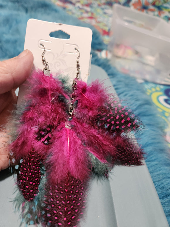 Handmade Earrings - Multi Pink/Blue Feathered Fishhook Earrings