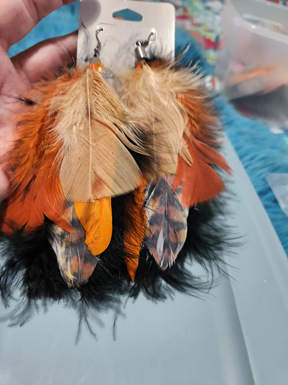 Handmade Earrings - Multi Black/Orange Feathered Fishhook Earrings