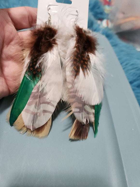 Handmade Earrings - Multi Brown/Green Feathered Fishhook Earrings