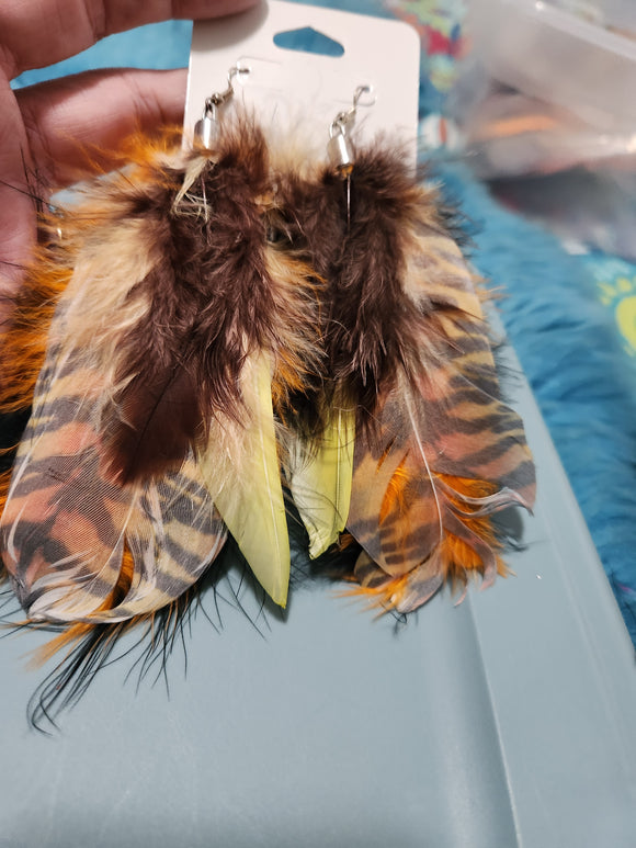 Handmade Earrings - Multi Brown/Black/Yellow/Orange Feathered Fishhook Earrings