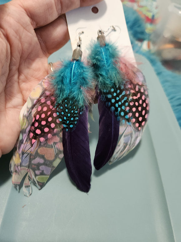 Handmade Earrings - Multi Pink/Blue/Purple Feathered Fishhook Earrings