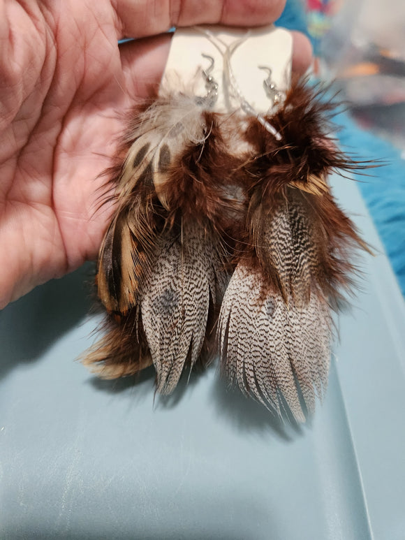 Handmade Earrings - Multi Brown/White Feathered Fishhook Earrings