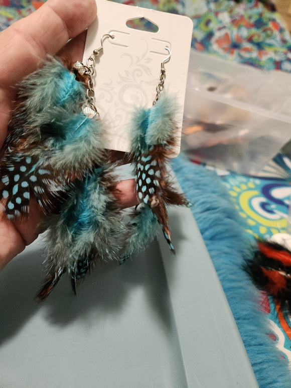 Handmade Earrings - Multi Blue/Brown Feathers with Silver Heart Fishhook Earrings