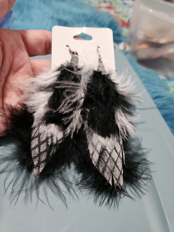 Handmade Earrings - Small and Large Multi Black/White Feathered Fishhook Earrings