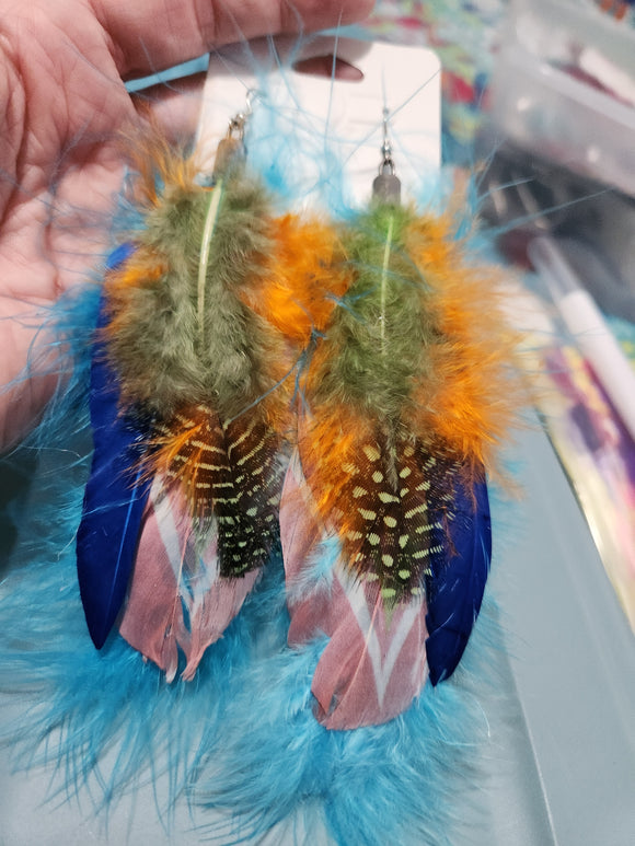 Homemade Earrings - Multi Lt and Dk Blue/Orange/Green Feathered Fishhook Earrings