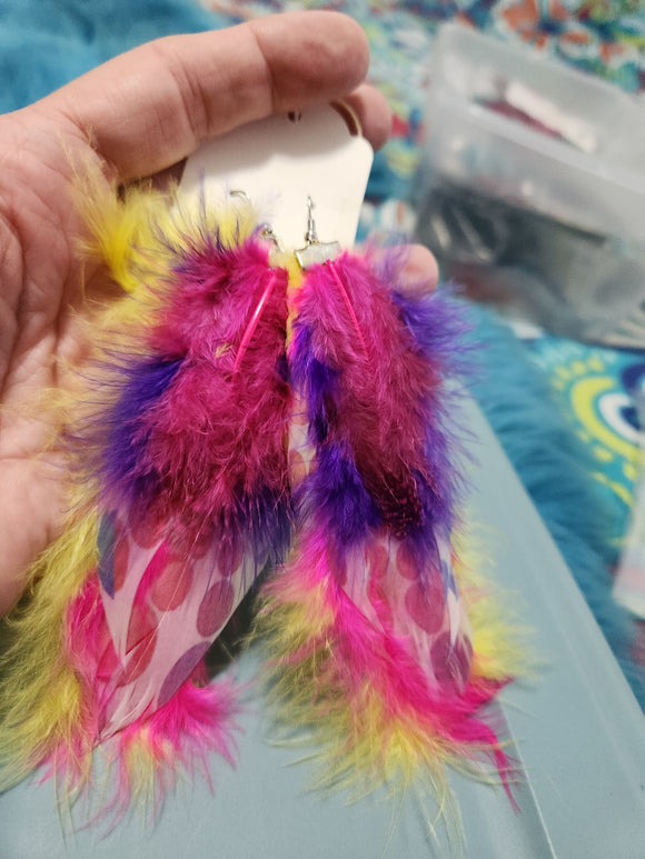 Handmade Earrings - Multi Yellow/Pink/Purple Feathers Fishhook Earrings