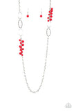 Flirty Foxtrot - Blue - Red Beads Silver Hammered Rings Long Necklace