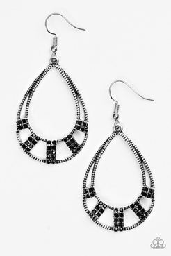 Trillion Dollar Teardrop - Black Rhinestone Encrusted Frame Fishhook Earrings