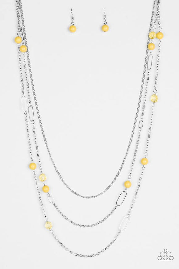 East Coast Classic - Yellow Beads Silver Hoops Long Necklace