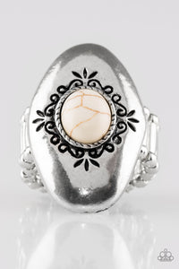 Stone Gardens - White Stone Centered Silver Oval Frame Wide Band Ring