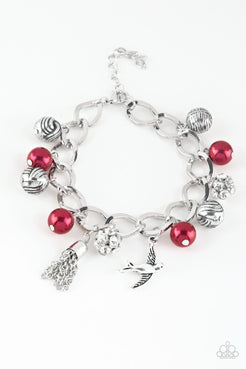 Lady Love Dove - Red - Pink - Blue Pearl-Like Beads Bird and Tassel Charms Clasp Bracelet