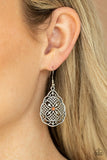 Paradise Picnic - Red- Orange Rhinestone Silver Floral Backdrop Fishhook Earrings