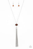 Socialite Of the Season - Smokey Crystal-Like Bead - Pink - Brown Bead Silver Tassel Long Necklace