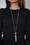 Five-Alarm Firework - Black/Gunmetal - Gold Chain and Tassels White Gem Long Necklace