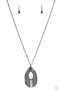 Stop TEARDROP And Roll - Black/Gunmetal - Purple Rhinestones Encrusted Around Center Long Necklace