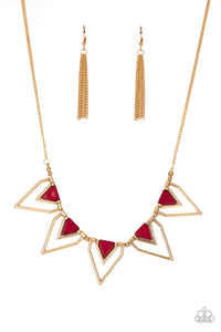 The Pack Leader - Green -Red Earthy Beading Gold Triangular Frame Short Necklace