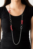 Flirty Foxtrot - Blue - Red Beads Silver Hammered Rings Long Necklace