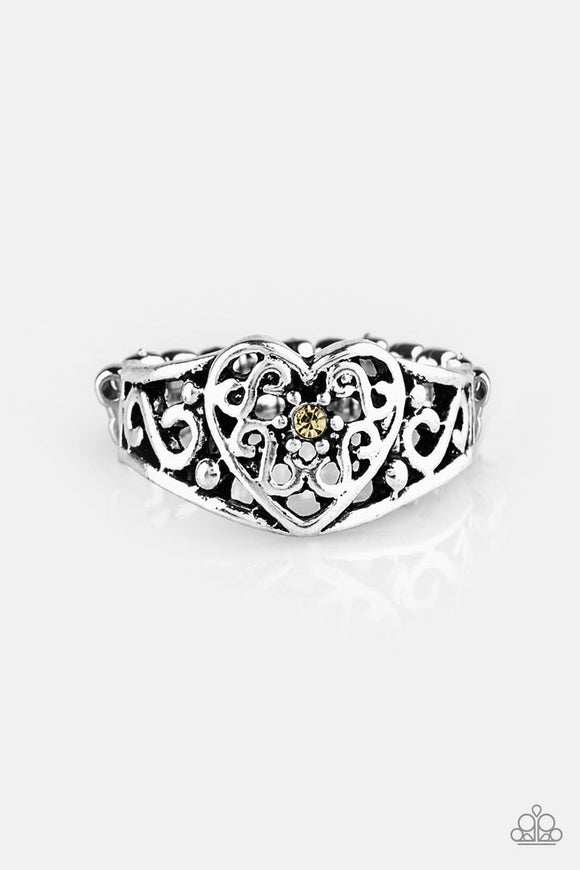 Dearly Beloved - Yellow Tiny Rhinestone Silver Heart Thin Band Ring