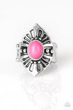 Homestead For the Weekend - Red - Pink Stone Silver Angular Frame Wide Band Ring