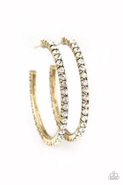 Must Be the Money - Brass - Pink Rhinestones Hoop Earrings