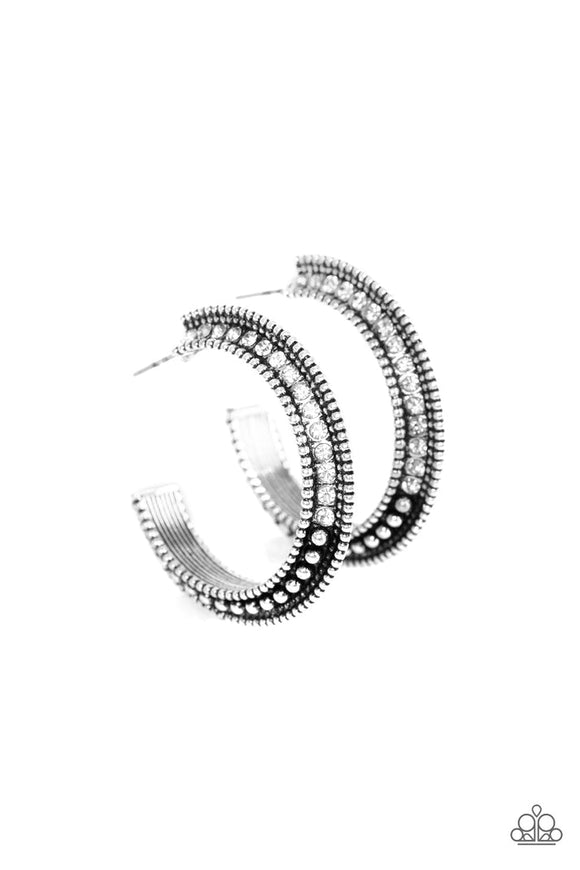 Retro Reverberation - White Glassy Rhinestones Silver Hoop Earrings