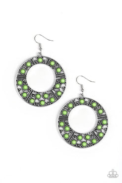 San Diego Samba - Green Beads Silver Studded Hoop Fishhook Earrings