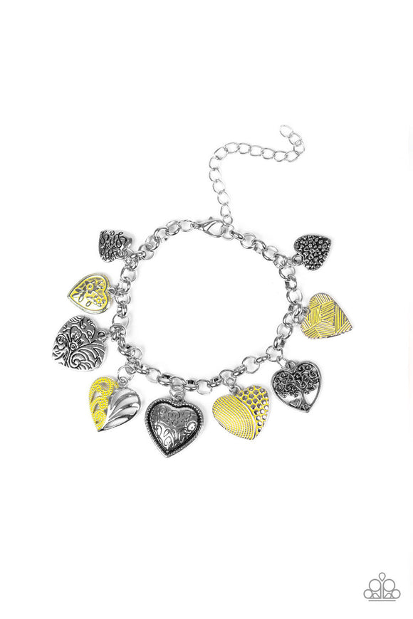 Garden Hearts - Yellow Alternating Heart Charms Clasp Bracelet