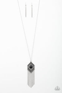 Work the Roam - Black Bead Centered Silver Geometric Pendant Long Necklace