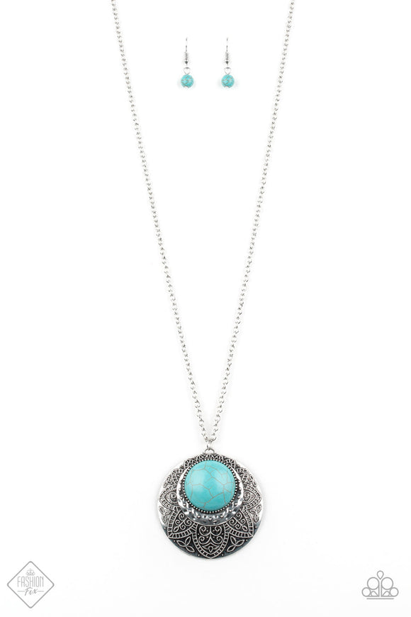 Medallion Meadow - Blue Stone Silver Hammered Medallion Long Necklace Fashion Fix