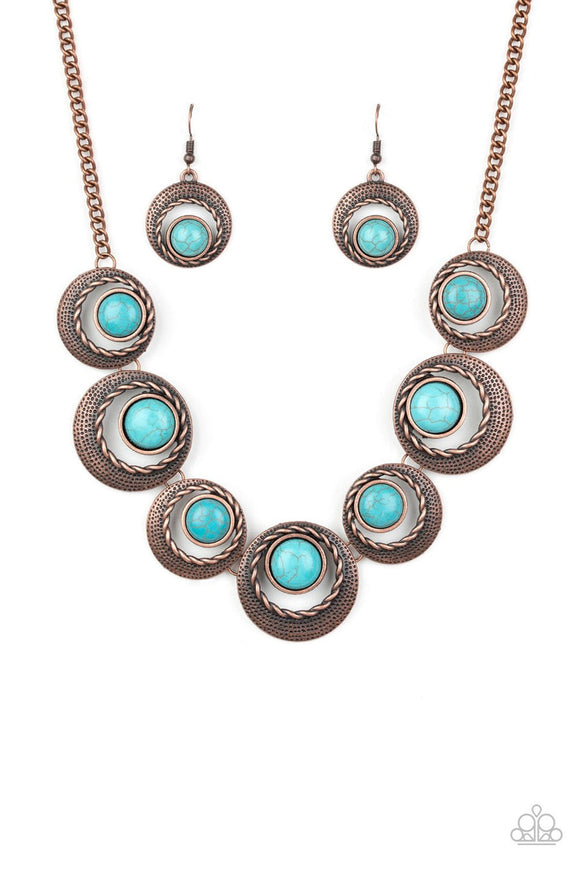 Lions, Tigers, and Bears - Copper Hammered Frames Turquoise Stones Short Necklace