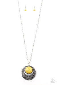 Medallion Meadow - Yellow - White Stone Silver Hammered Medallion Long Necklace