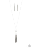 Diva Dance Party - Silver - White Pearl with Silver Tassel Long Necklace