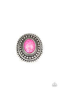 Terra Terrain - Pink Oval Stone Silver Studded Frame Wide Band Ring