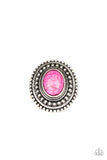 Terra Terrain - Pink Oval Stone Silver Studded Frame Wide Band Ring