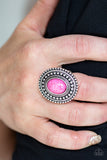 Terra Terrain - Pink Oval Stone Silver Studded Frame Wide Band Ring