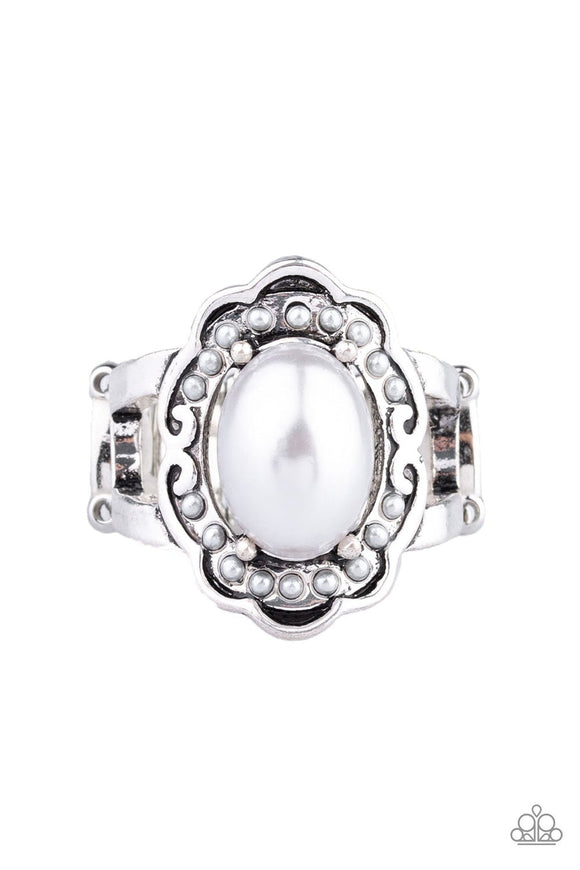 Metro Marina - Silver Pearly Bead Floral Frame Wide Band Ring