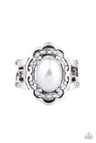 Metro Marina - Silver Pearly Bead Floral Frame Wide Band Ring