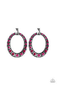 All For Glow - Pink Rhinestones Silver Hoop Post Earrings