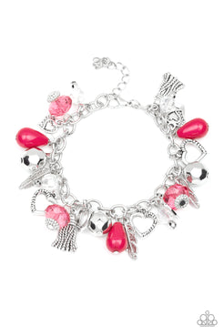 Completely Innocent - Pink Beads Heart and Feather Charms Clasp Bracelet