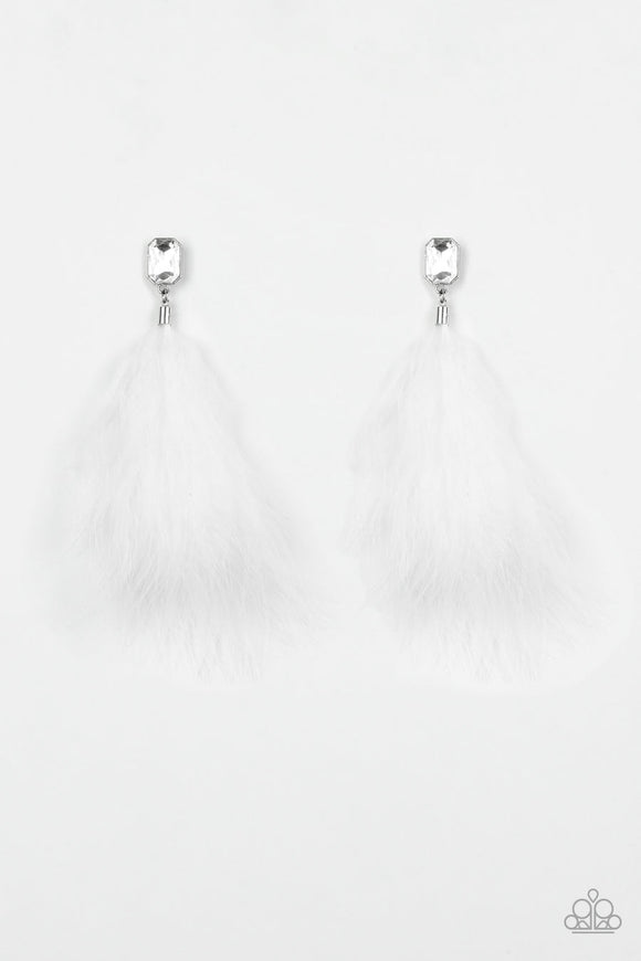 The Showgirl Must Go On! - White Feathers Flare Out White Rhinestone Post Earrings